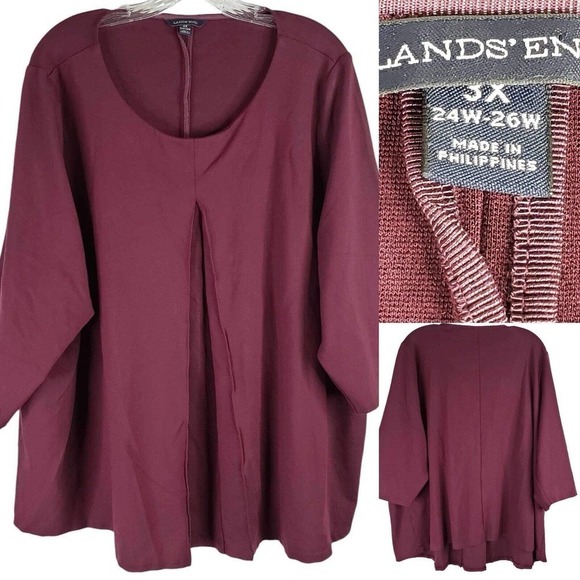 Lands End Shirt Womens Plus Size 3X Maroon Red 3/4 Sleeve Tunic Too Viscose - Picture 1 of 9